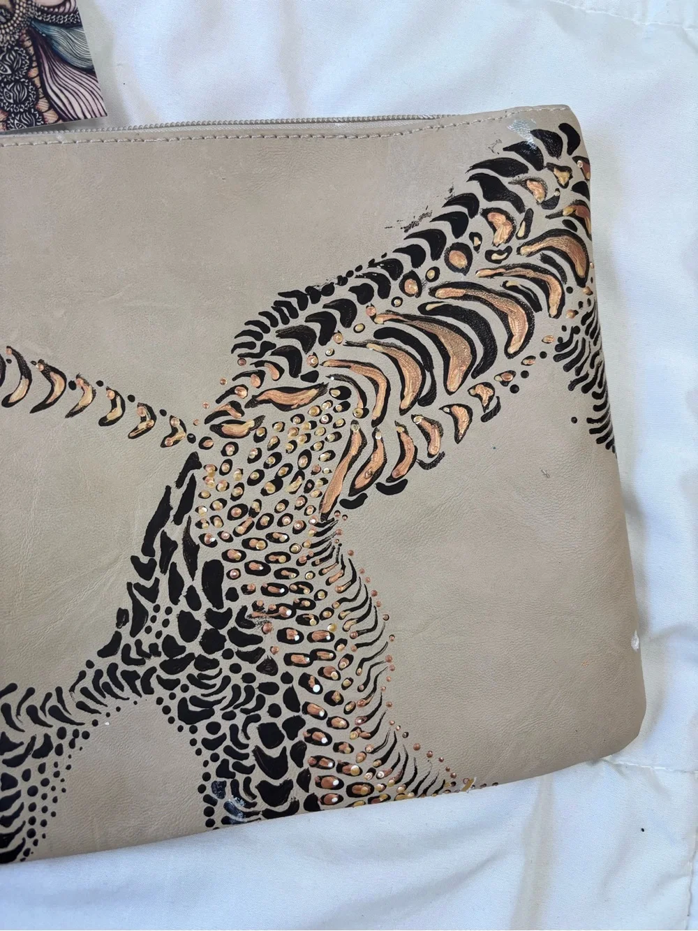 Wristlet Clutch in Taupe with Black and Metallic Accents. Hand painted